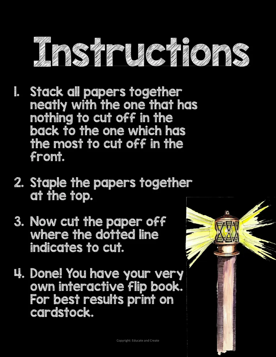 Flip book assembly steps: students stack the pages, staple them at the top, cut on the dotted lines and print on cardstock