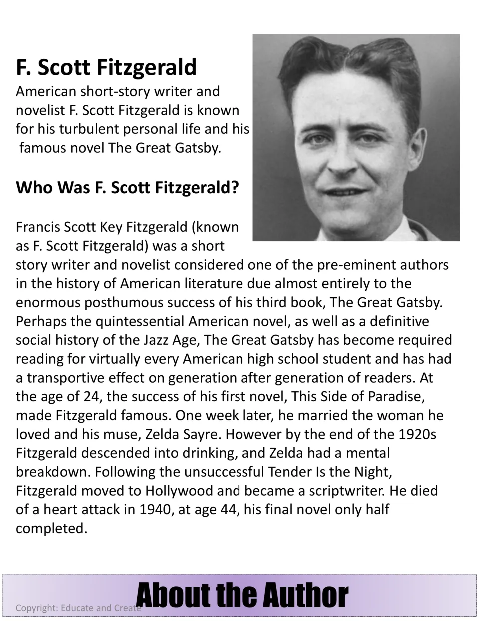 About the Author: F. Scott Fitzgerald biography and photo covering This Side of Paradise, Zelda Sayre and his 1940 death