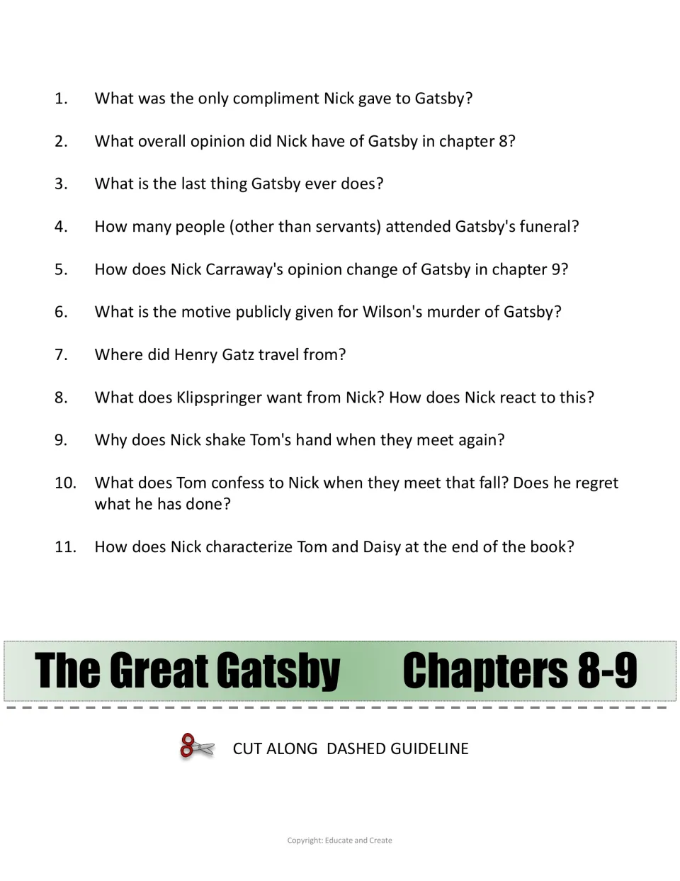 Chapters 8-9 comprehension questions: 11 items on Gatsby's death, funeral, Henry Gatz, Klipspringer and Tom's confession