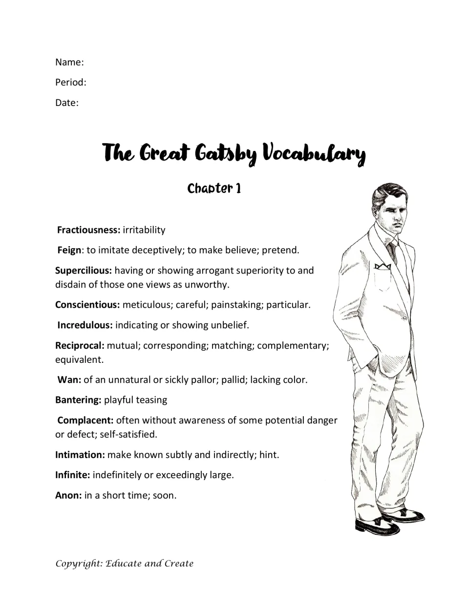Gatsby Chapter 1 vocabulary list: 12 words with definitions, including fractiousness, supercilious, wan and complacent