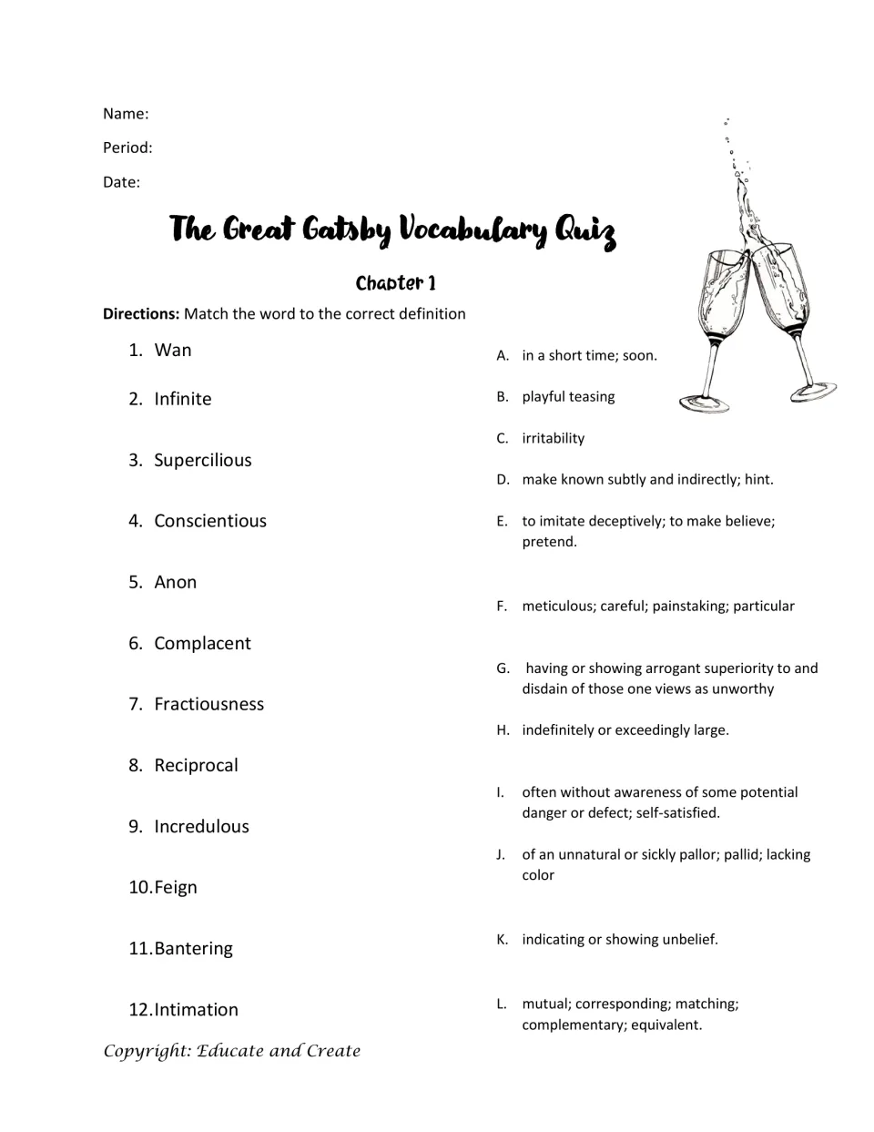 Chapter 1 vocabulary quiz: students match 12 words such as wan, feign and intimation to definitions lettered A to L