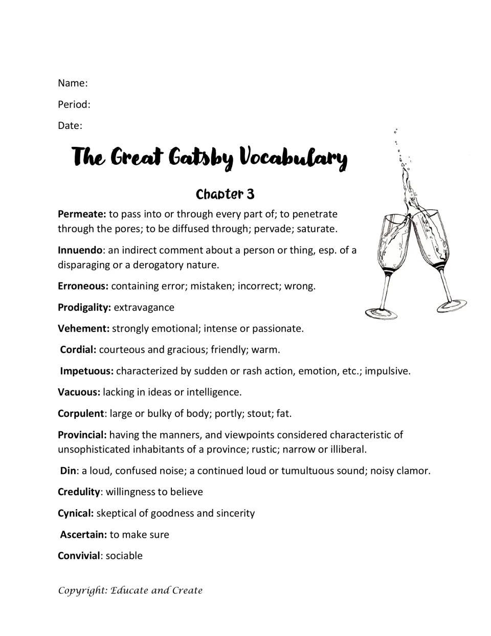 Chapter 3 vocabulary list: 15 words with definitions, including permeate, innuendo, prodigality, corpulent and convivial