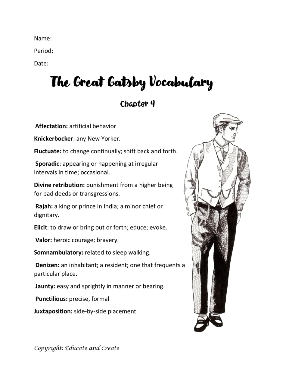 Chapter 4 vocabulary list: 13 terms with definitions, such as affectation, knickerbocker, somnambulatory and juxtaposition
