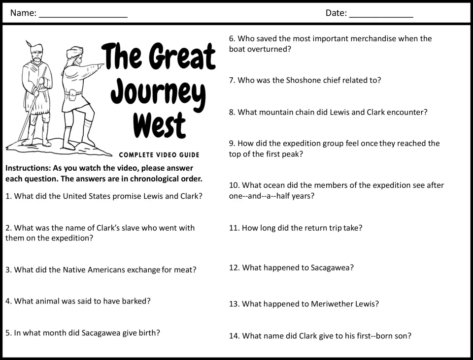 Lewis and Clark video guide: students answer 14 questions in order on York, Sacagawea, the Rockies and the Pacific