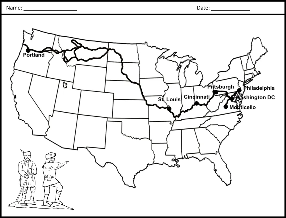 Lewis and Clark route map tracing a path from Monticello and St. Louis across the United States to Portland, cities labeled