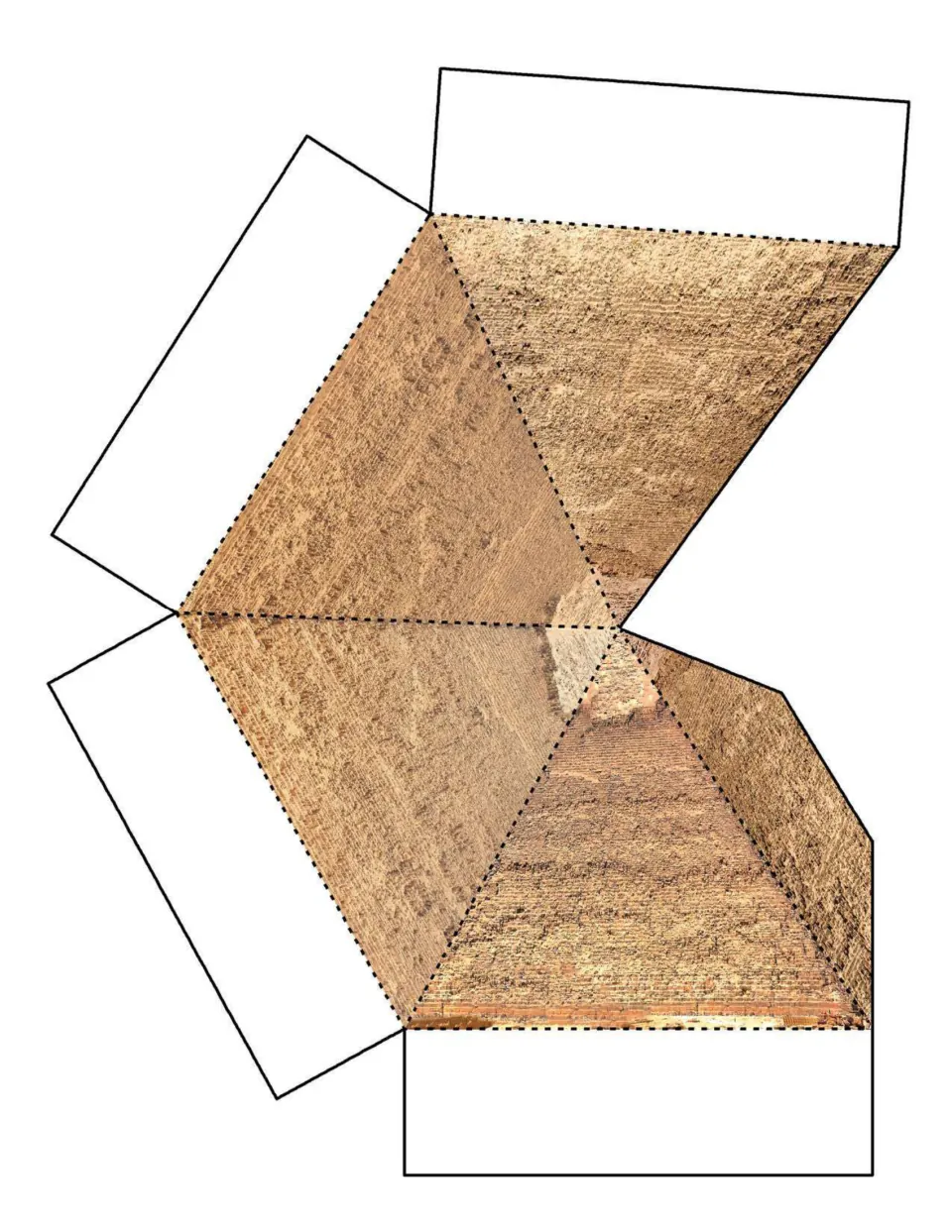 Color pyramid craft template with stone-textured triangular faces and tabs for folding and assembly