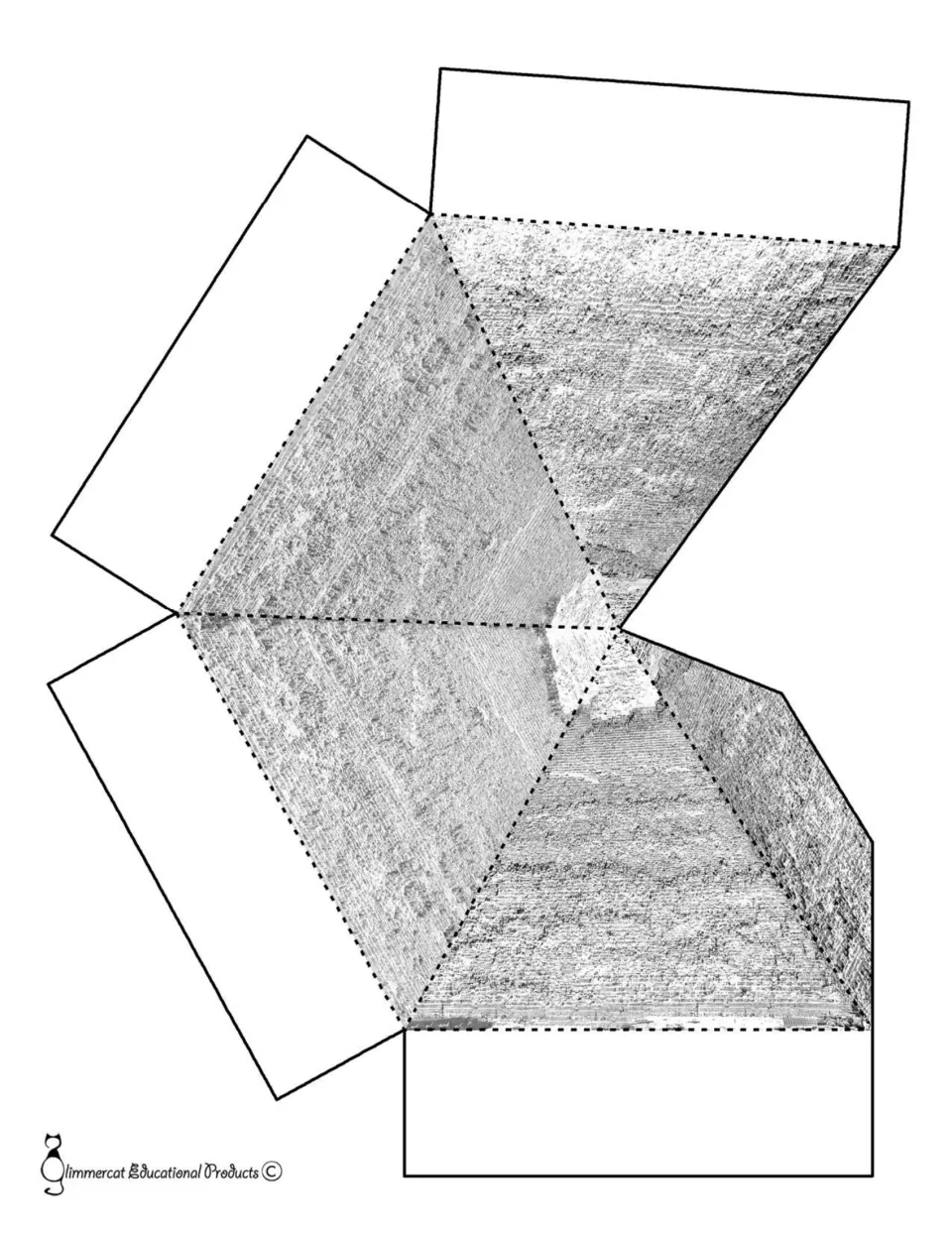 Black-and-white pyramid craft template with stone-textured faces and tabs for folding and assembly