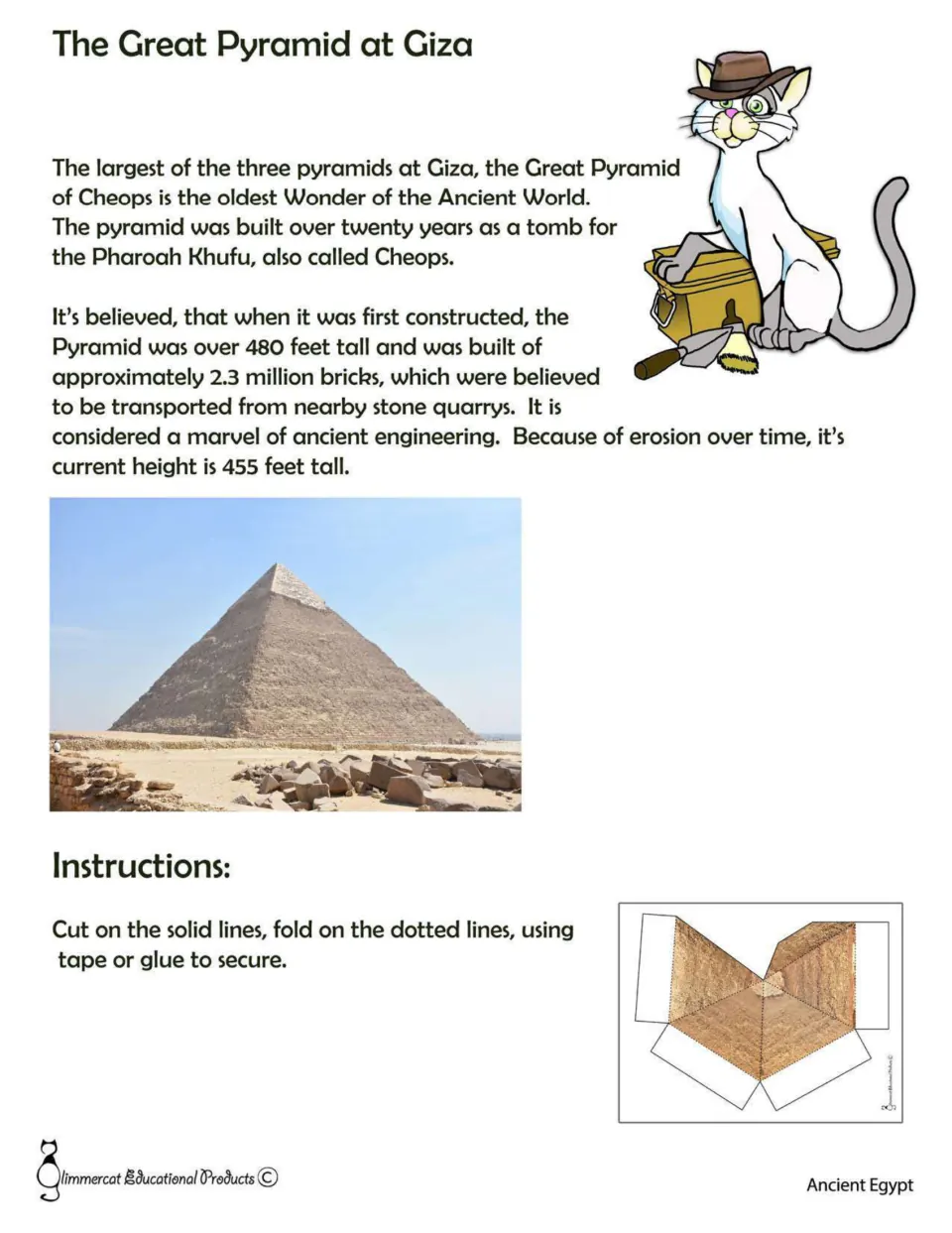 Color reading page about Khufu's pyramid tomb, its construction and height, with craft assembly instructions