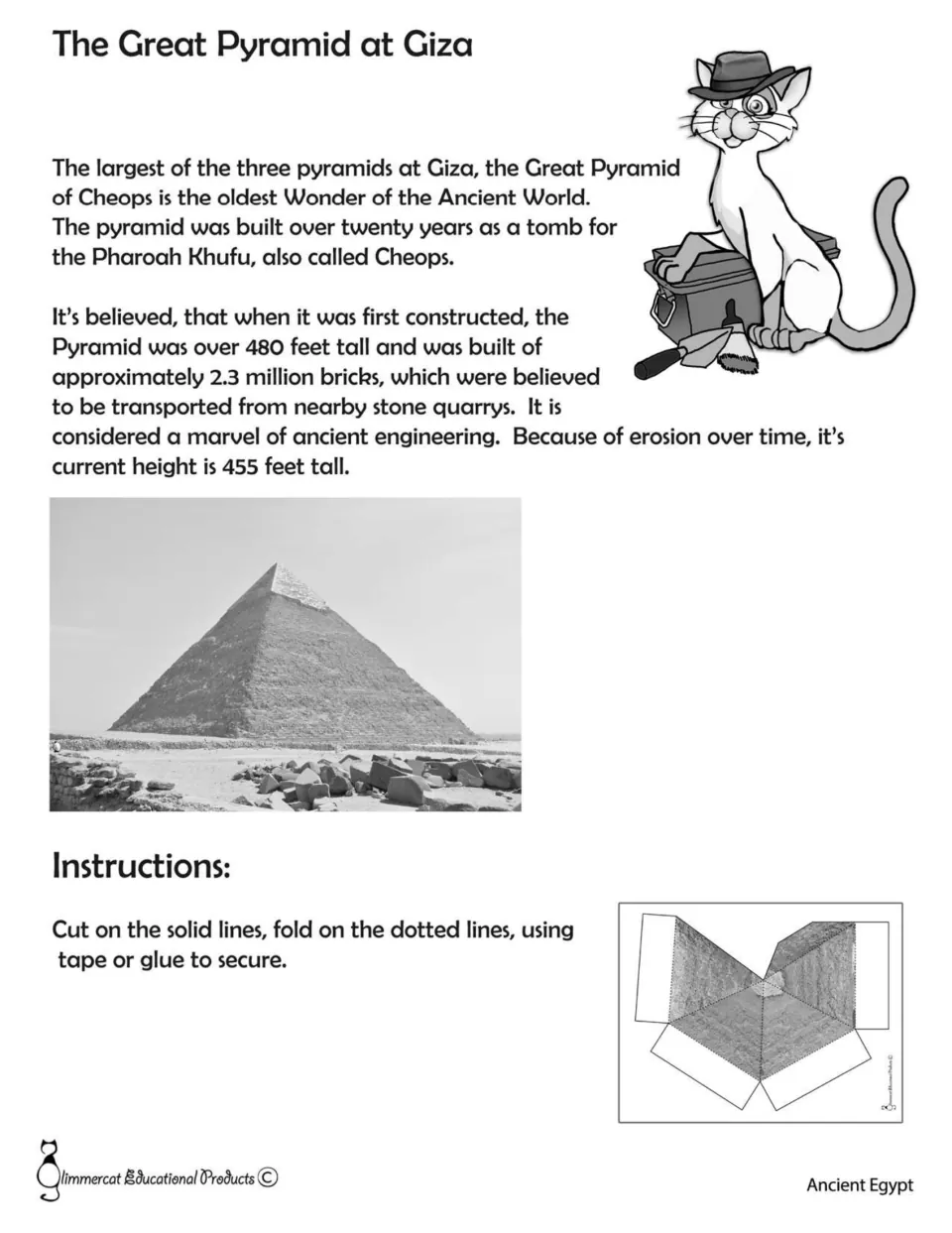 Black-and-white reading page about Khufu's pyramid tomb, with instructions to cut, fold and tape or glue