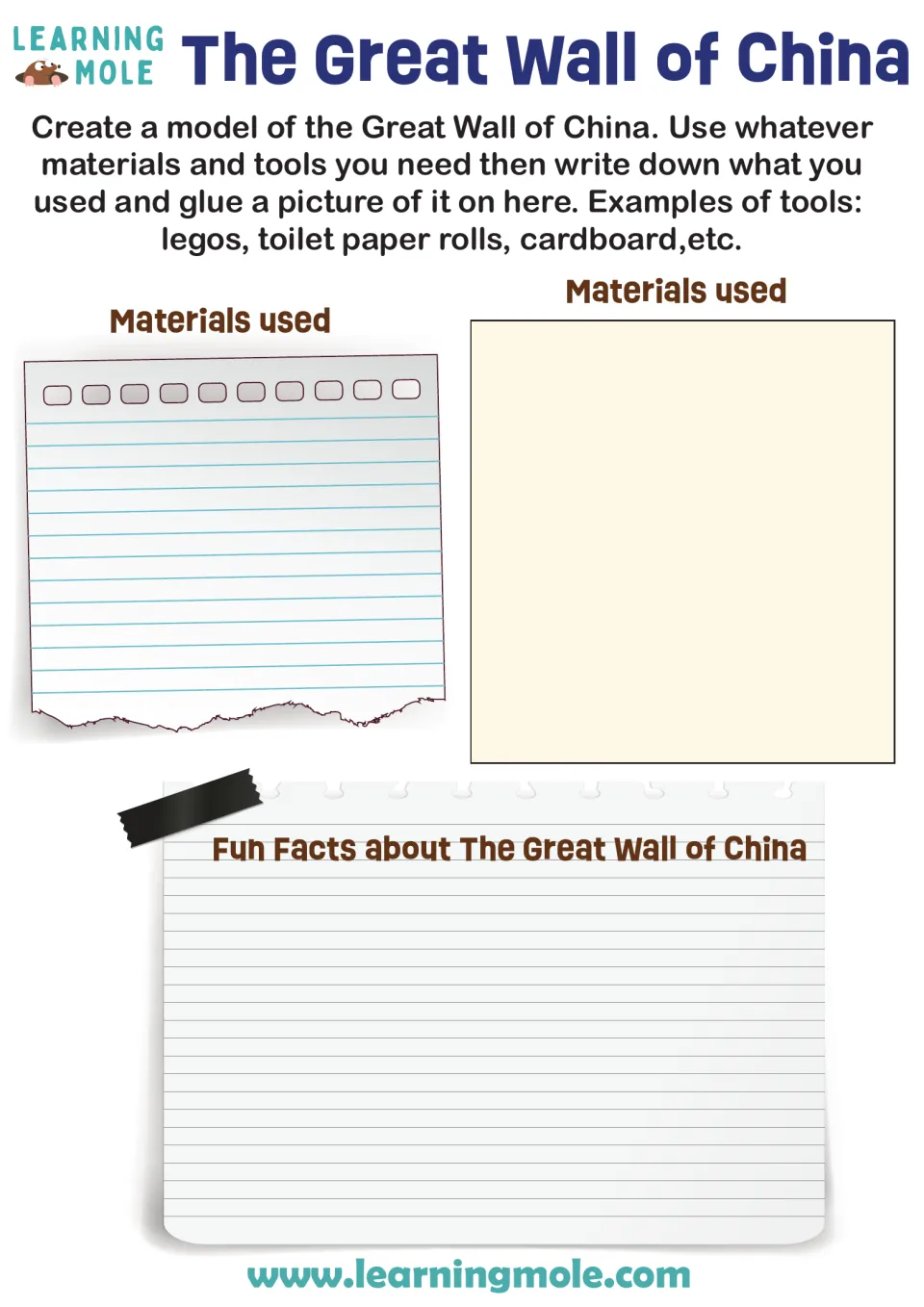Great Wall of China model project: students build a model, list materials used, glue on a photo and write fun facts