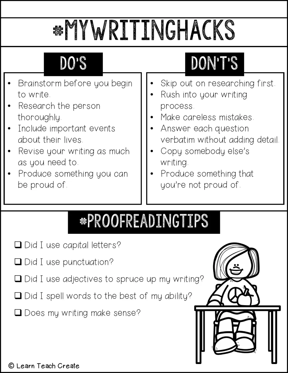 #MyWritingHacks do's and don'ts for research writing plus a five-question proofreading checklist; girl writing at a desk