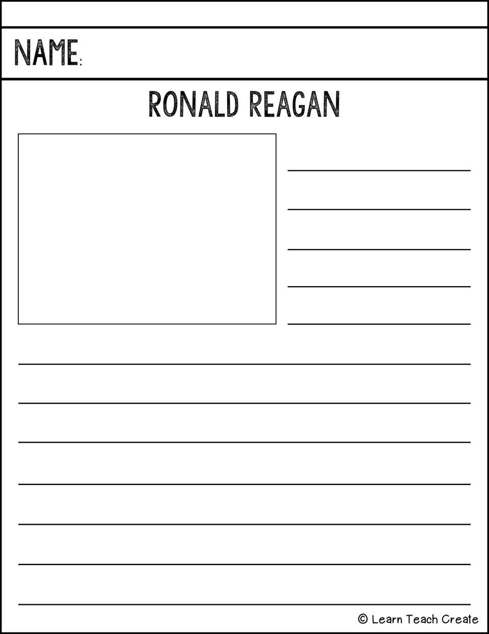 Ronald Reagan mini-biography prompt: students draw a portrait of Reagan and write researched facts about his life