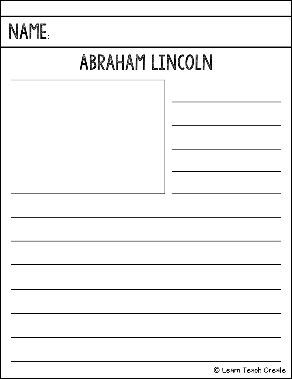 Abraham Lincoln mini-biography prompt: students sketch Lincoln, then write key events from his life using their research