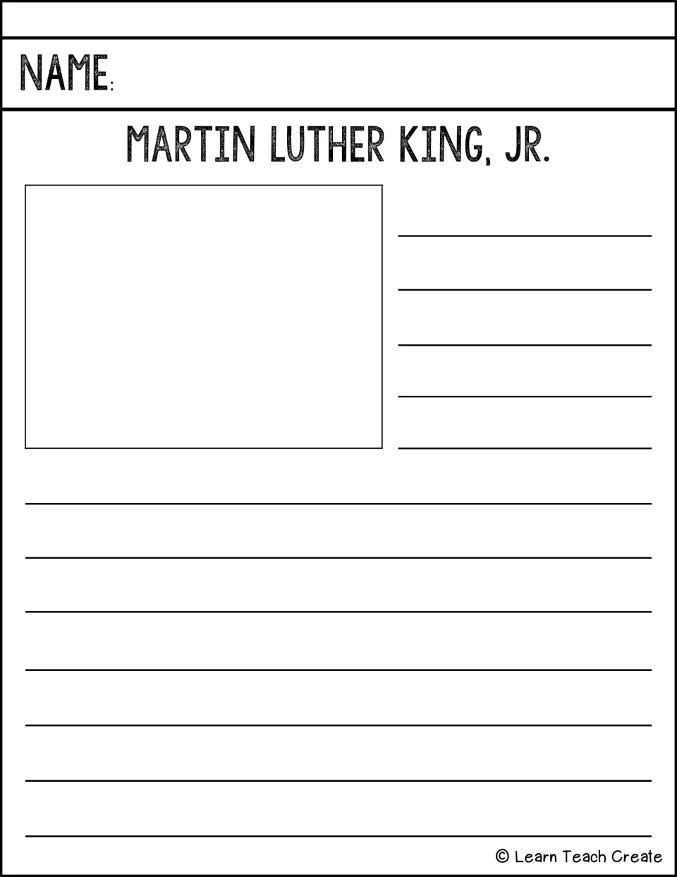 Martin Luther King, Jr. mini-biography prompt: students illustrate Dr. King and write a researched account of his life