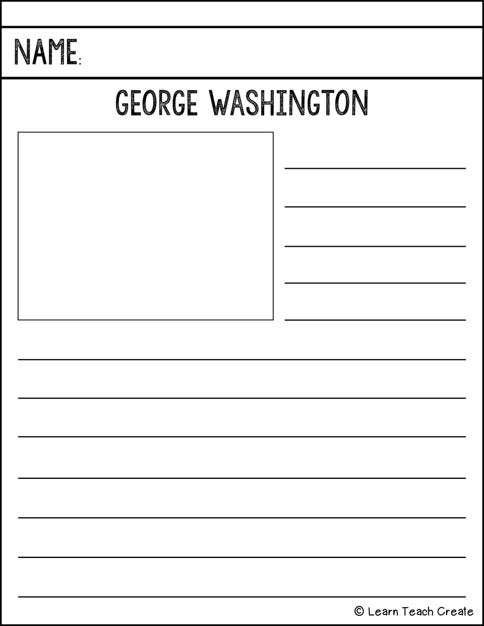 George Washington mini-biography prompt: students draw Washington and write important events from his life after research