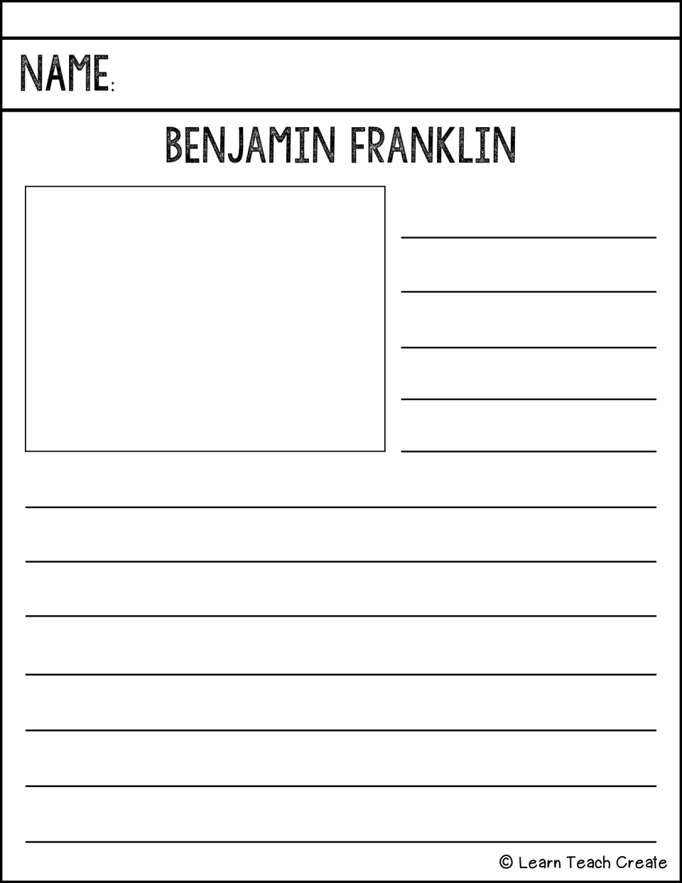 Benjamin Franklin mini-biography prompt: students draw Franklin and write about his life and work from their research