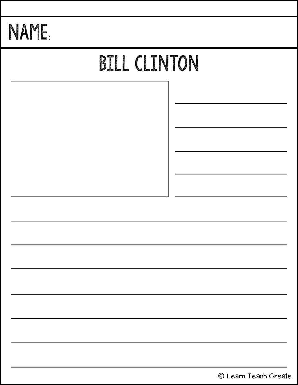 Bill Clinton mini-biography prompt: students sketch Clinton and write a short researched biography of his life