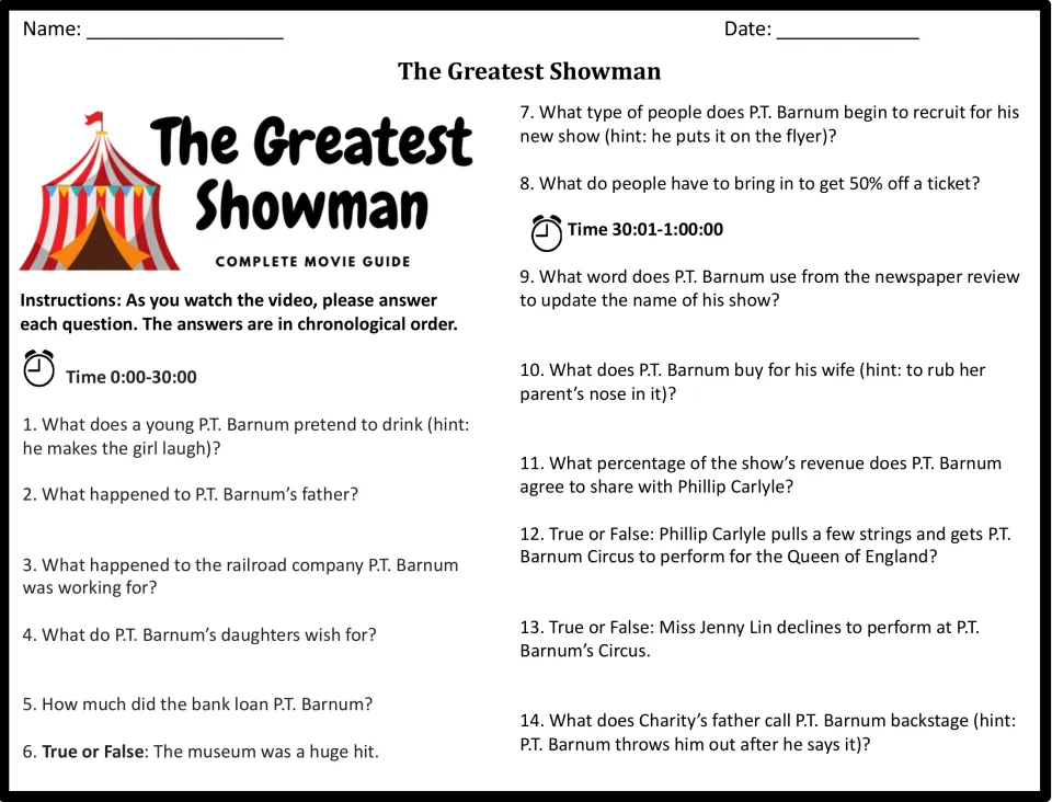 The Greatest Showman viewing guide, minutes 0-60: students answer 14 recall and true/false questions on P.T. Barnum