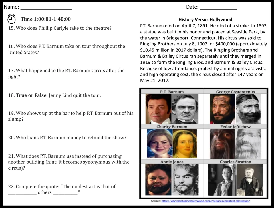 Film's last 40 minutes: students answer questions 15-22, then read a History Versus Hollywood note on the real Barnum