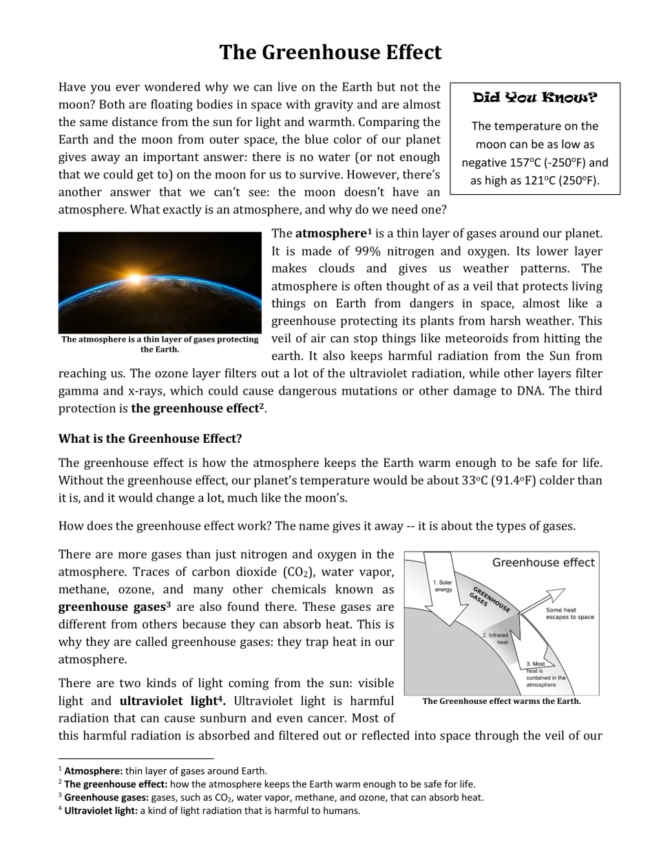 Greenhouse effect reading: students read how the atmosphere protects Earth, with a diagram of solar energy and trapped heat