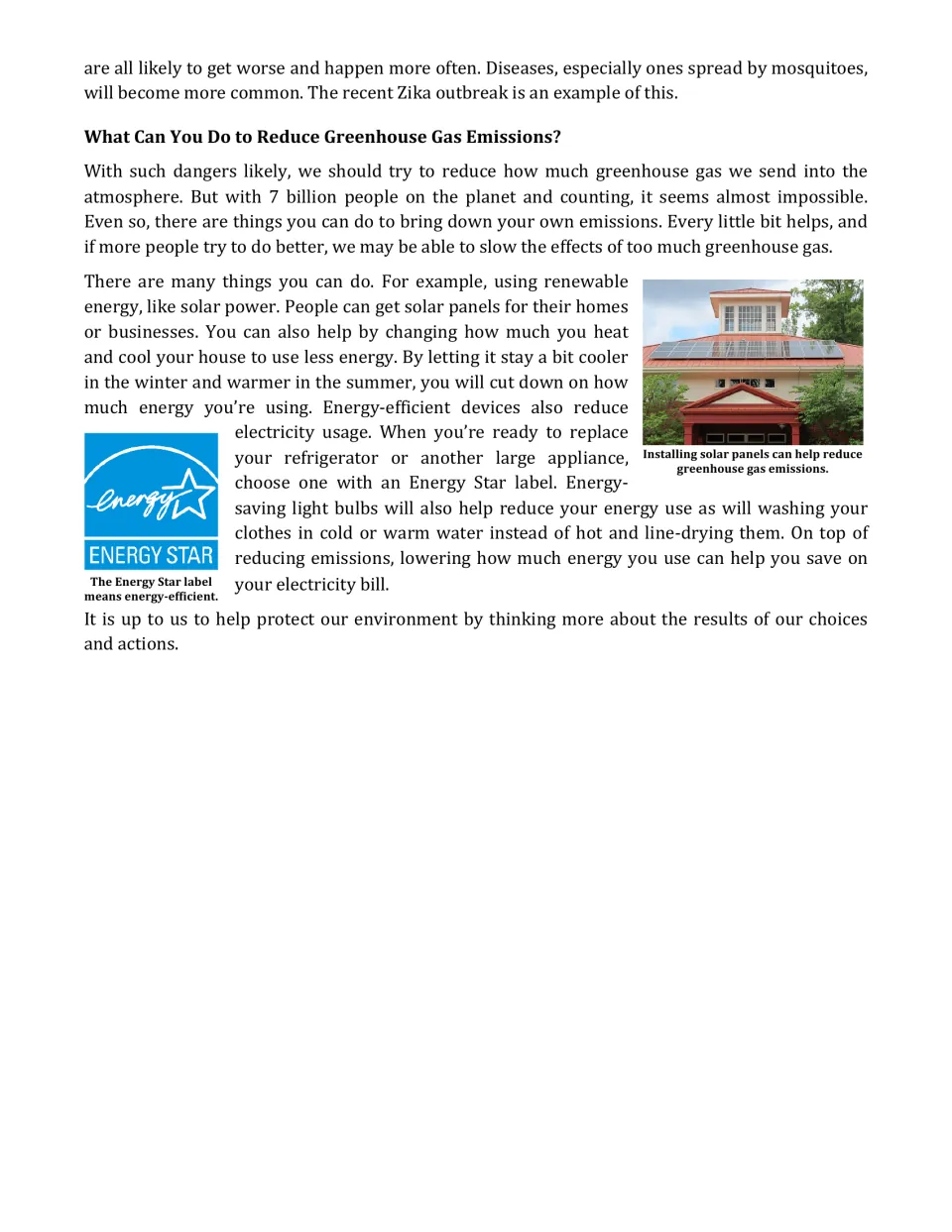 Reducing greenhouse gas emissions: students read about solar panels, Energy Star appliances and other ways to save energy