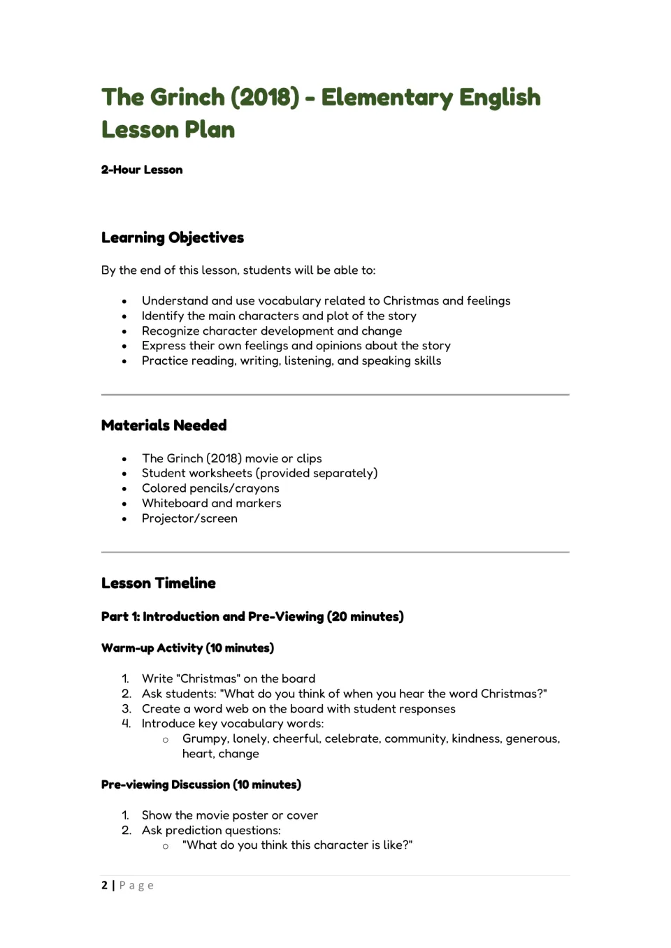 Grinch lesson plan opening: objectives, materials and a Christmas word-web warm-up introducing feelings vocabulary