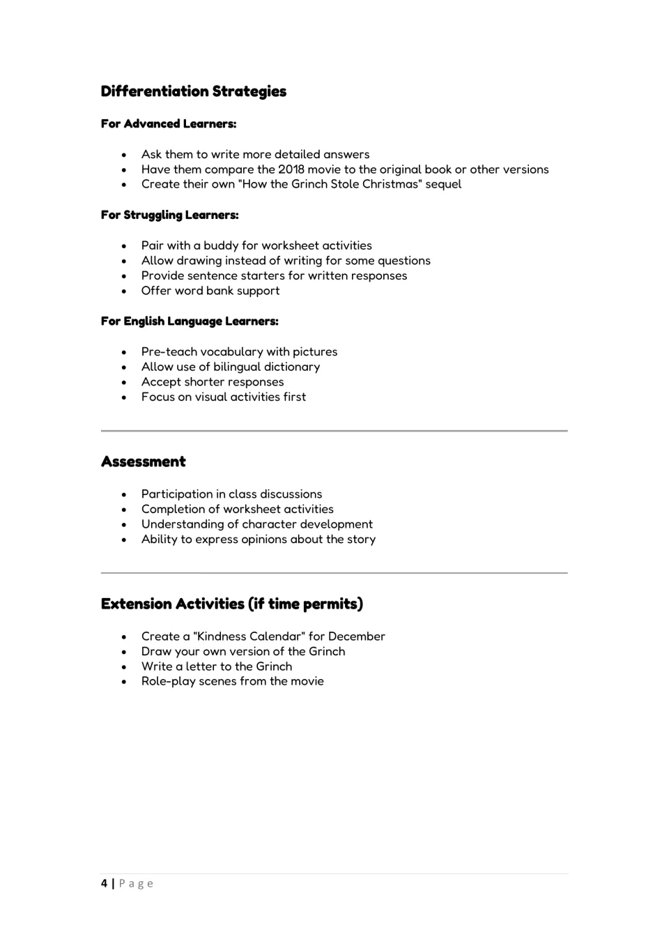 Differentiation for advanced, struggling and English learners, plus assessment points and Grinch extension ideas
