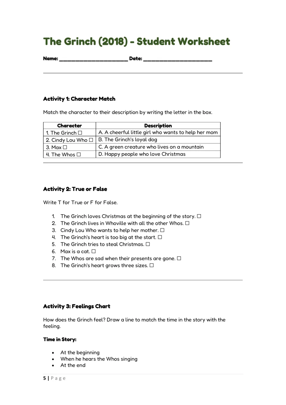 Grinch character match, 8 true-or-false statements and a feelings chart linking story moments to how the Grinch feels