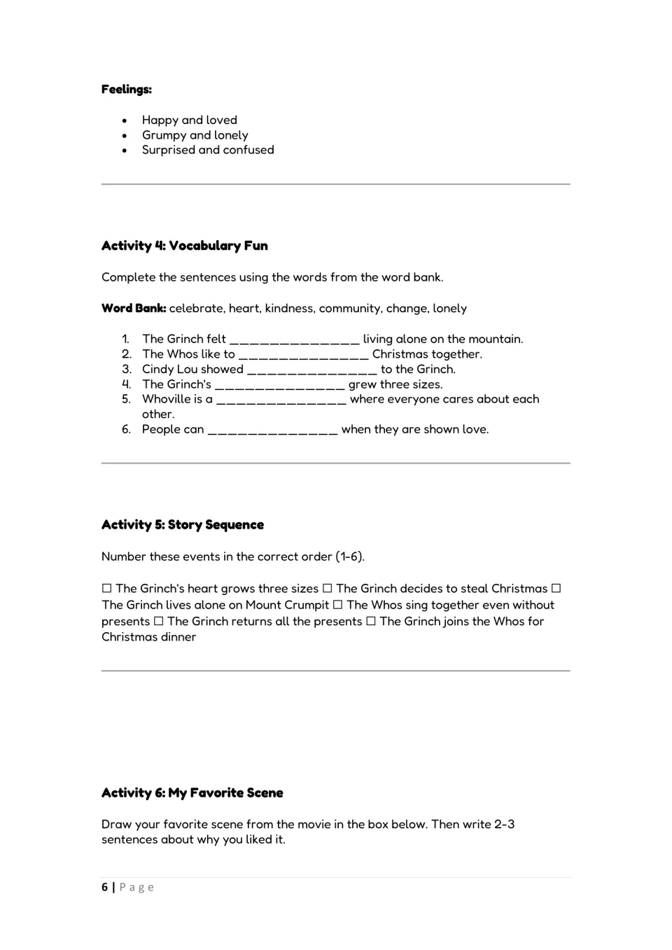 Grinch vocabulary and sequencing: students fill six sentences from a word bank and number six story events in order
