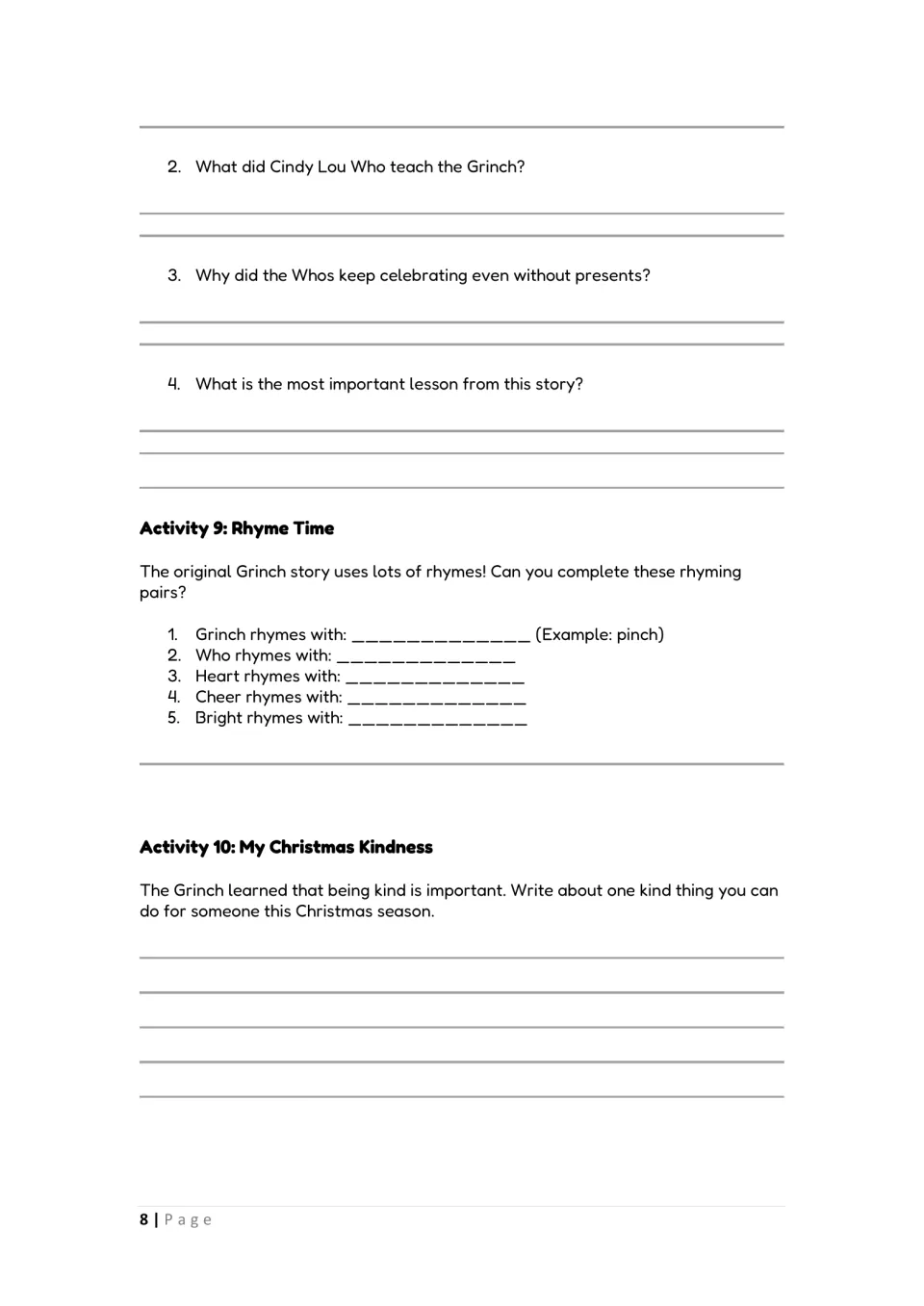 Reflection questions on the Grinch, rhyming words for Who, heart, cheer and bright, and a Christmas kindness paragraph