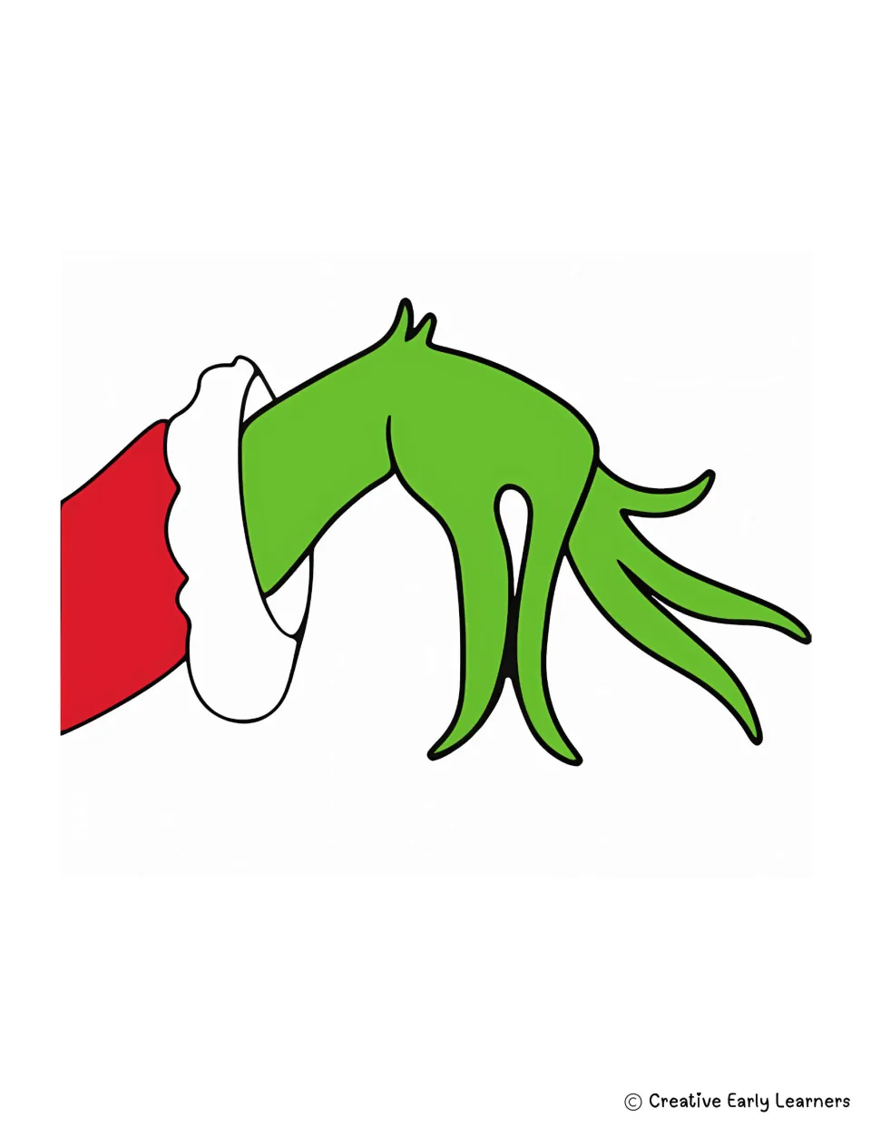 Grinch ornament name craft template: one large green hand extending from a red sleeve with a white cuff