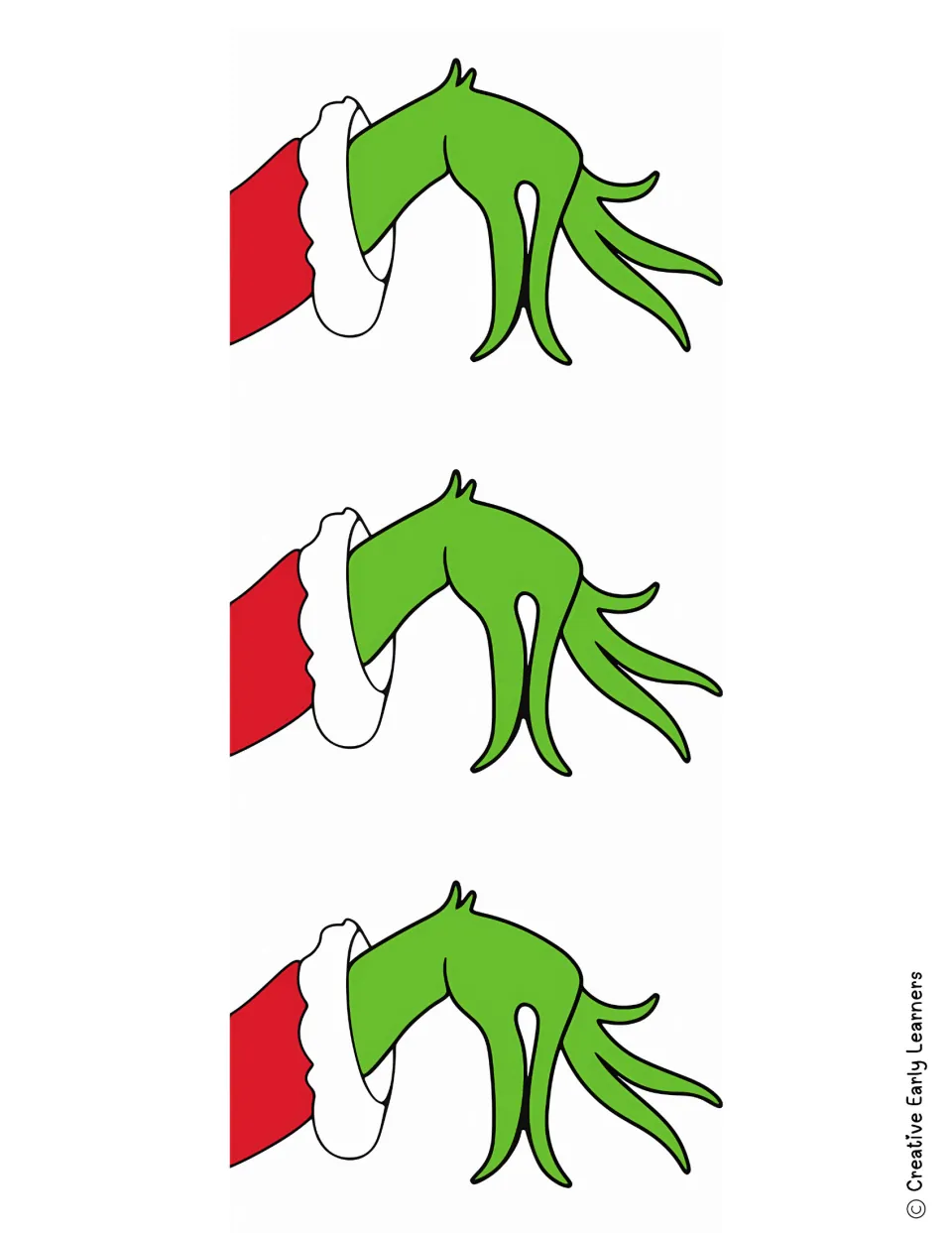 Grinch ornament name craft templates: three green hands extending from red sleeves with white cuffs