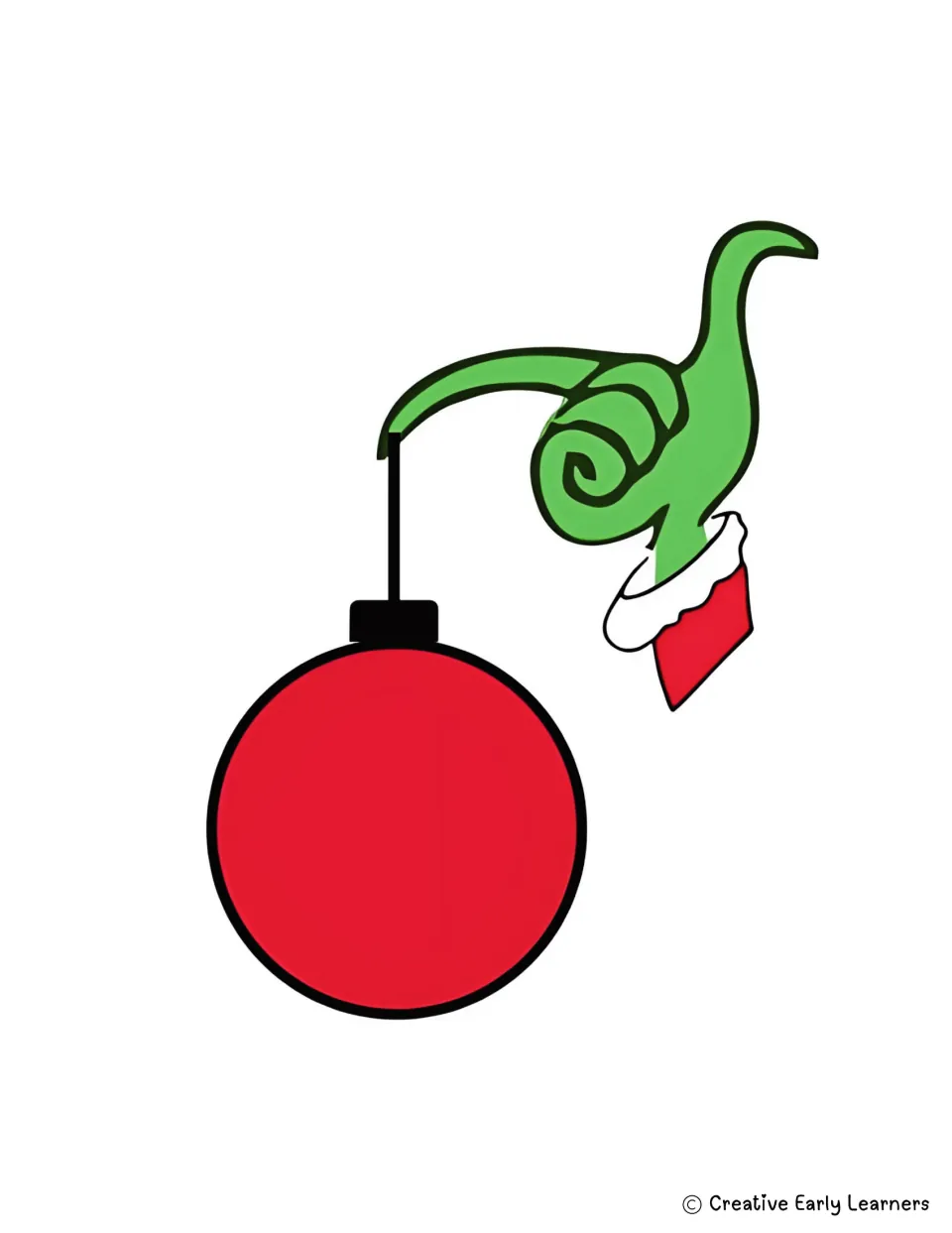 Grinch ornament name craft template: one large green hand holding a red ornament by its black string