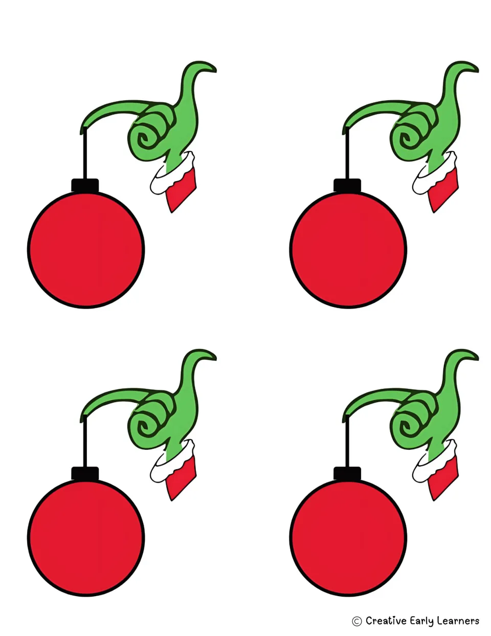 Grinch ornament name craft templates: four green hands, each holding a red ornament by a black string