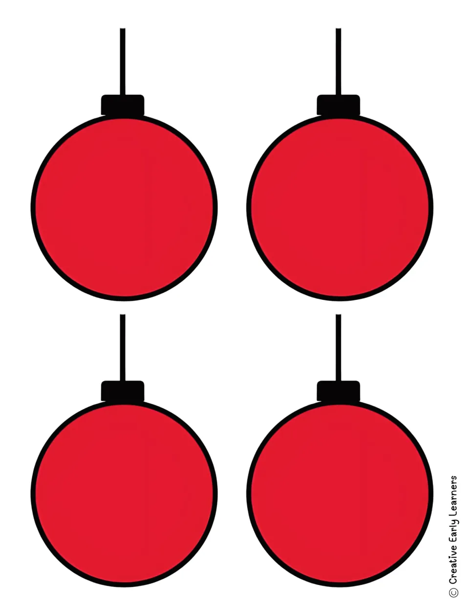 Grinch ornament name craft pieces: four large red ornaments, each with a black cap and hanging string
