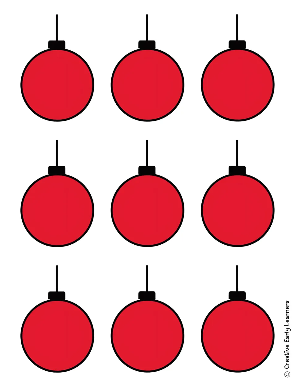Grinch ornament name craft pieces: nine small red ornaments, each with a black cap and hanging string