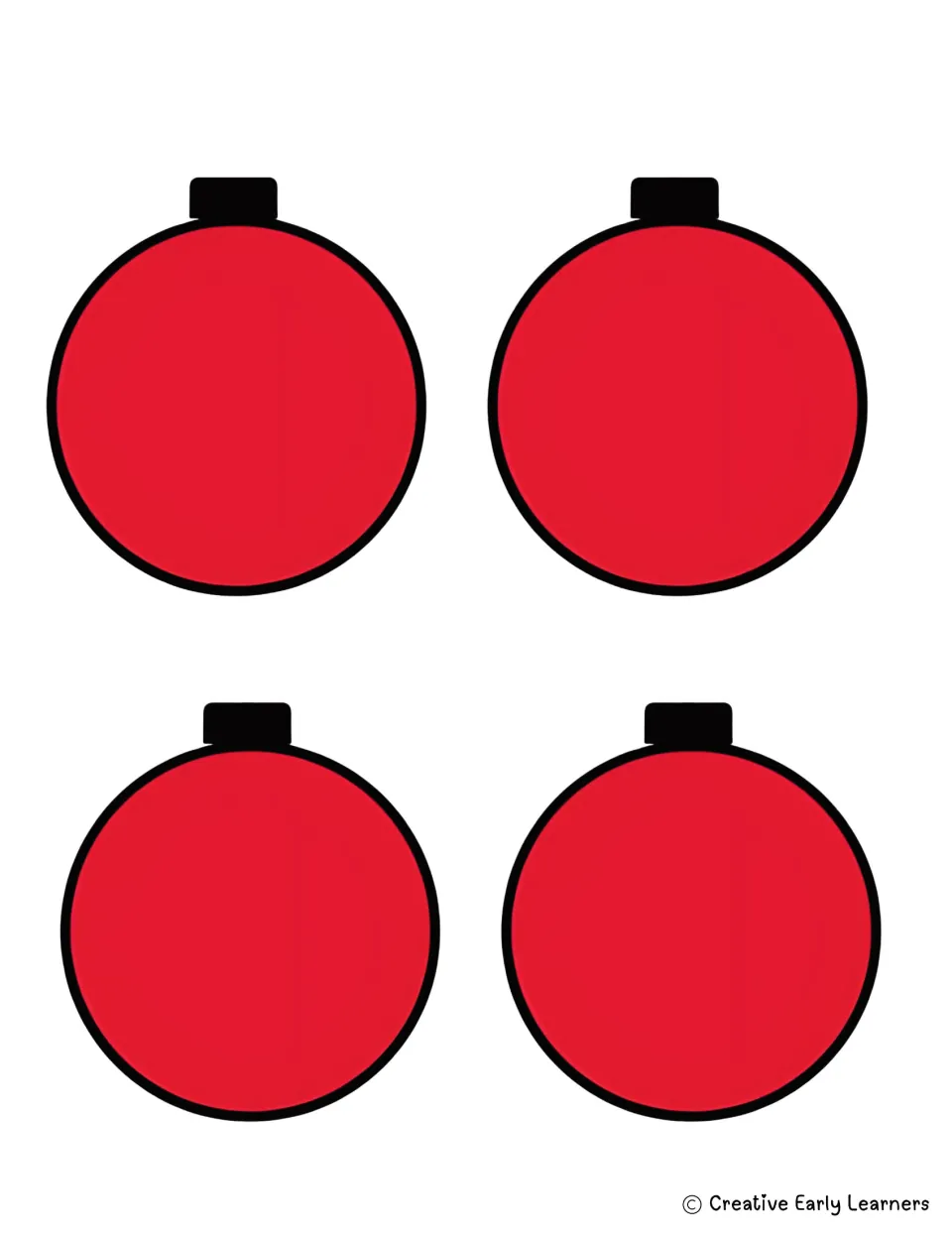Grinch ornament name craft pieces: four large red ornaments with black caps and no printed strings