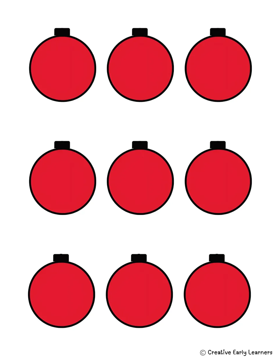 Grinch ornament name craft pieces: nine small red ornaments with black caps and no printed strings