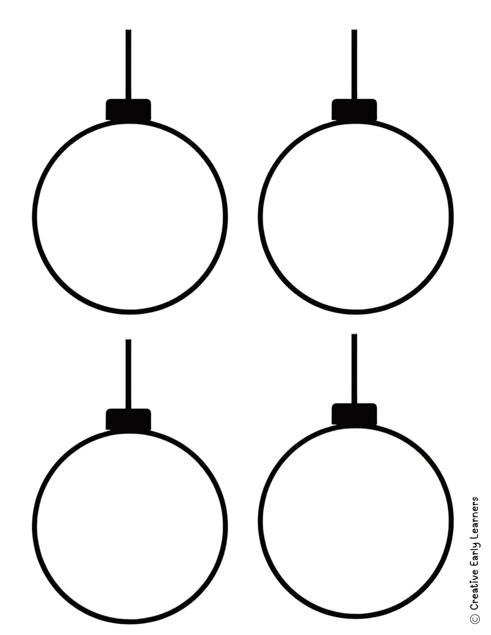 Grinch ornament name craft templates: four large blank ornaments with black caps and hanging strings