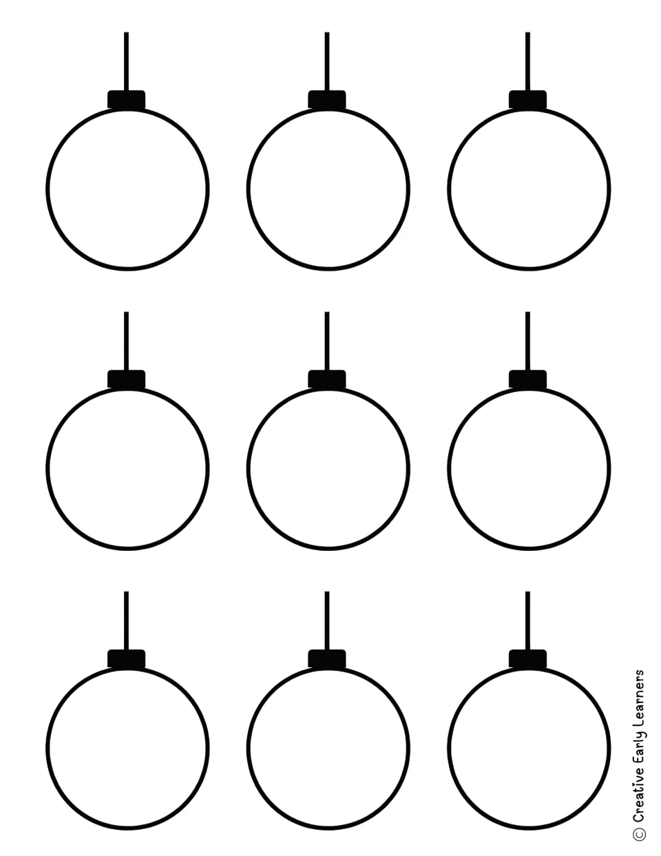 Grinch ornament name craft templates: nine small blank ornaments with black caps and hanging strings