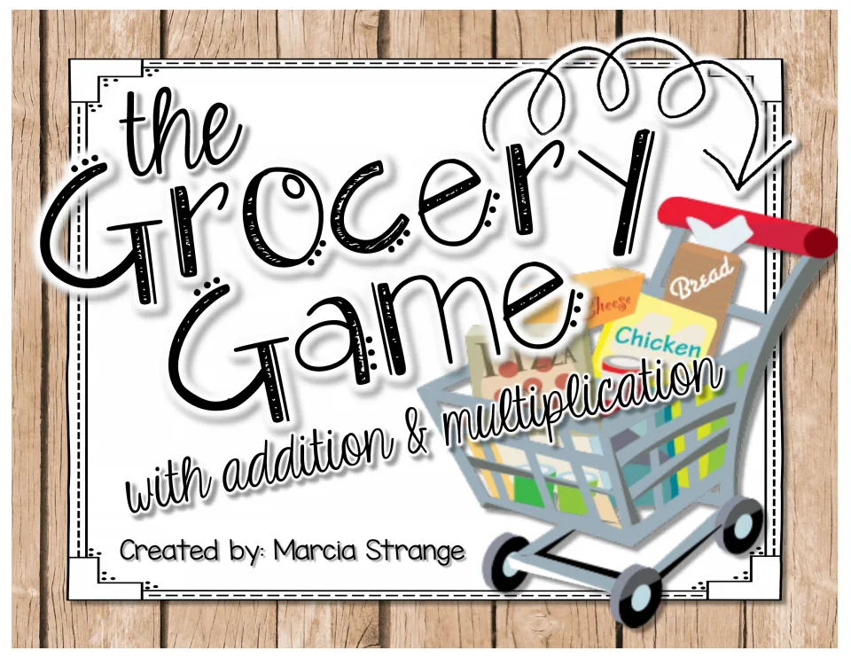 Cover of The Grocery Game with addition & multiplication, showing a shopping cart filled with bread, cheese and chicken