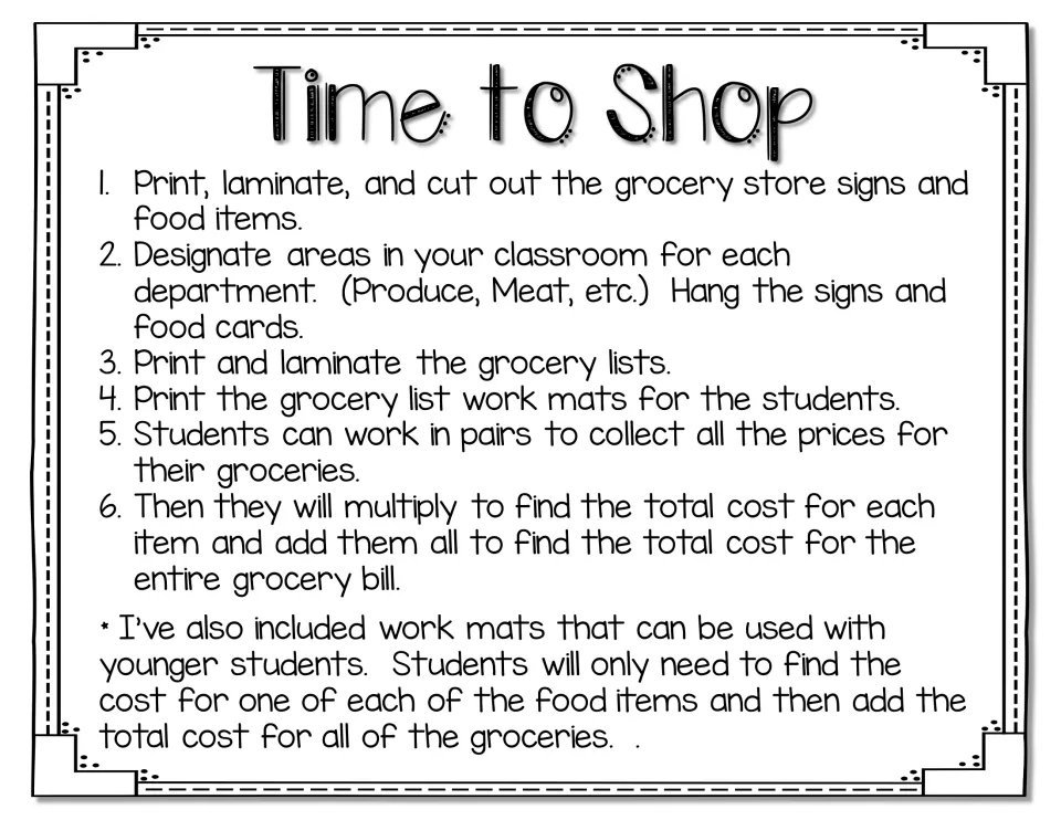 Time to Shop setup steps: hang department signs and food cards, then pairs collect prices, multiply and add a grocery bill