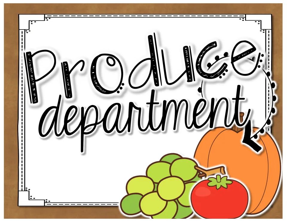 Produce department sign decorated with grapes, a tomato and a pumpkin, marking where fruit and vegetable cards hang