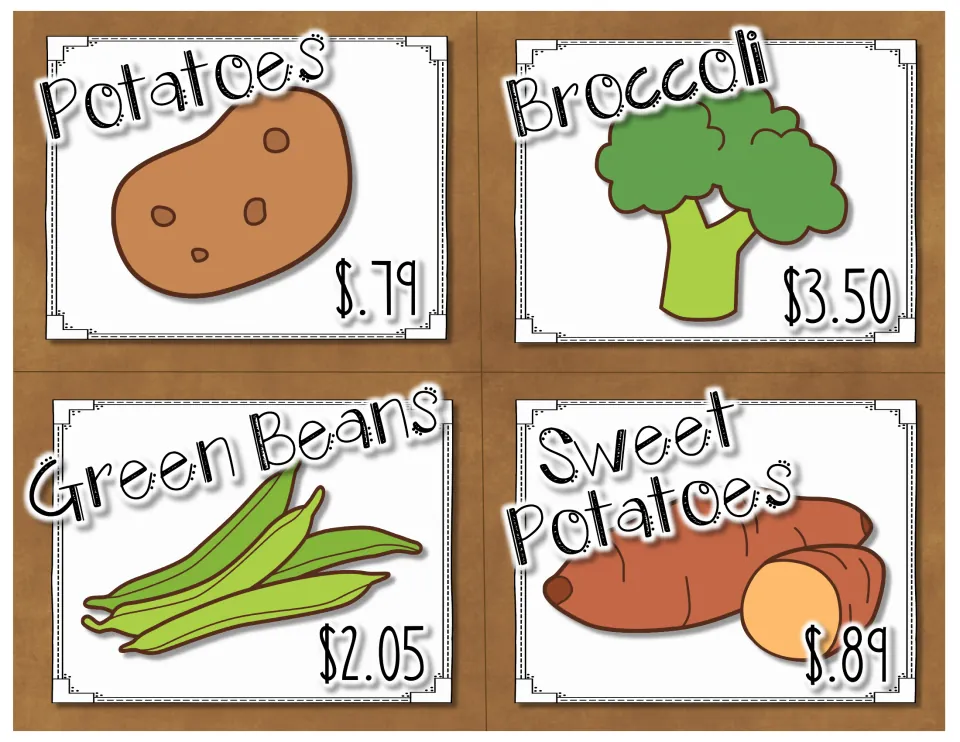 Produce price cards: potatoes $.79, broccoli $3.50, green beans $2.05 and sweet potatoes $.89 for students to read prices