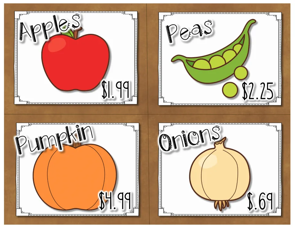 Produce price cards: apples $1.99, peas $2.25, pumpkin $4.99 and onions $.69, used to find and total grocery costs