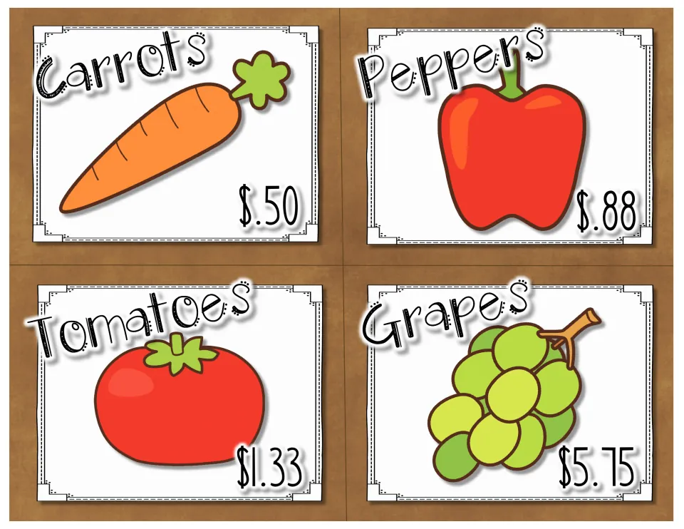 Produce price cards: carrots $.50, peppers $.88, tomatoes $1.33 and grapes $5.75 for multiplying and adding decimal money