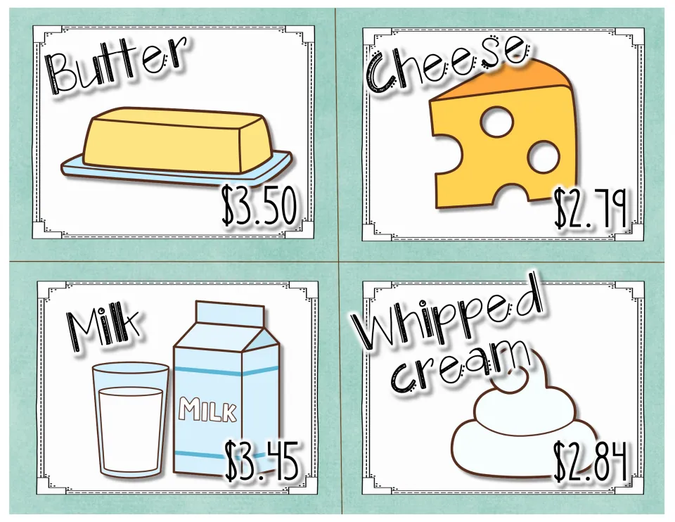 Dairy price cards: butter $3.50, cheese $2.79, milk $3.45 and whipped cream $2.84 for students to collect and total prices