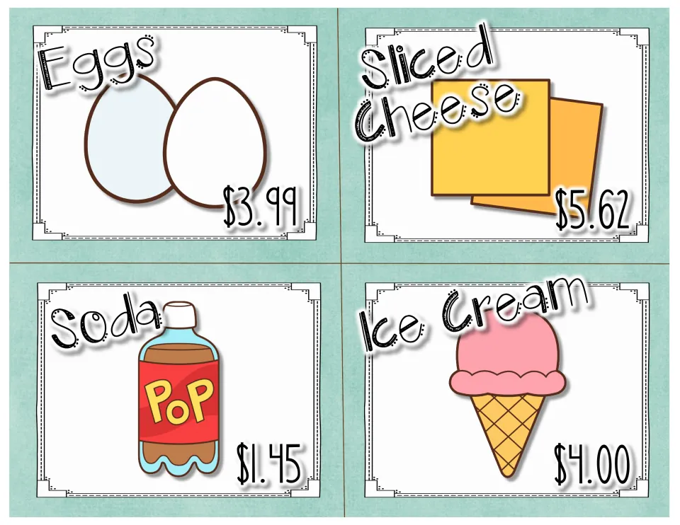 Dairy price cards: eggs $3.99, sliced cheese $5.62, soda $1.45 and ice cream $4.00, for adding money amounts on a bill