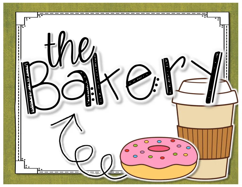 The Bakery department sign showing a sprinkled donut and a coffee cup, marking where bakery food cards hang in class