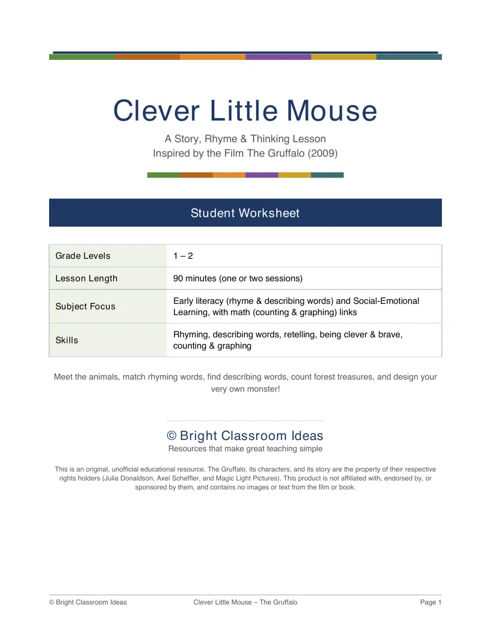 Student worksheet cover for Clever Little Mouse, a story, rhyme, and thinking lesson for grades 1–2
